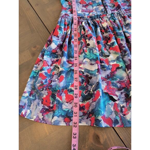 Theory Silk Watercolor Mini Dress Women's Size 0 Blue Sleeveless Side Pockets - Picture 9 of 16